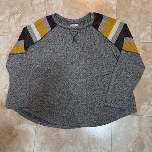 Gray Sweater with Striped Sleeves